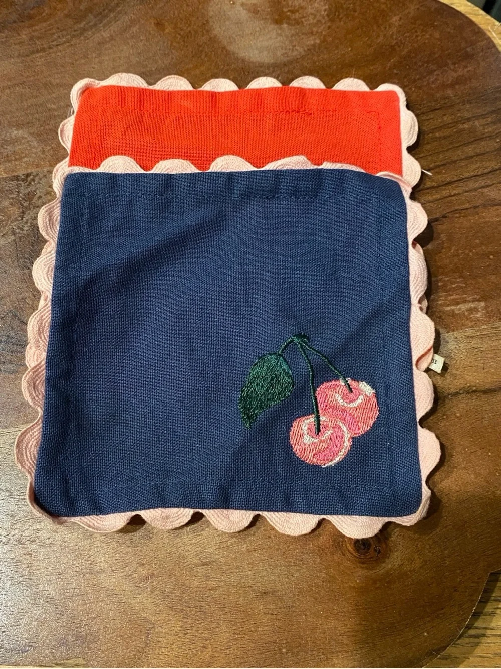 Anthropologie Cherry Embroidered Red & Navy Scalloped Coasters Set of 2
